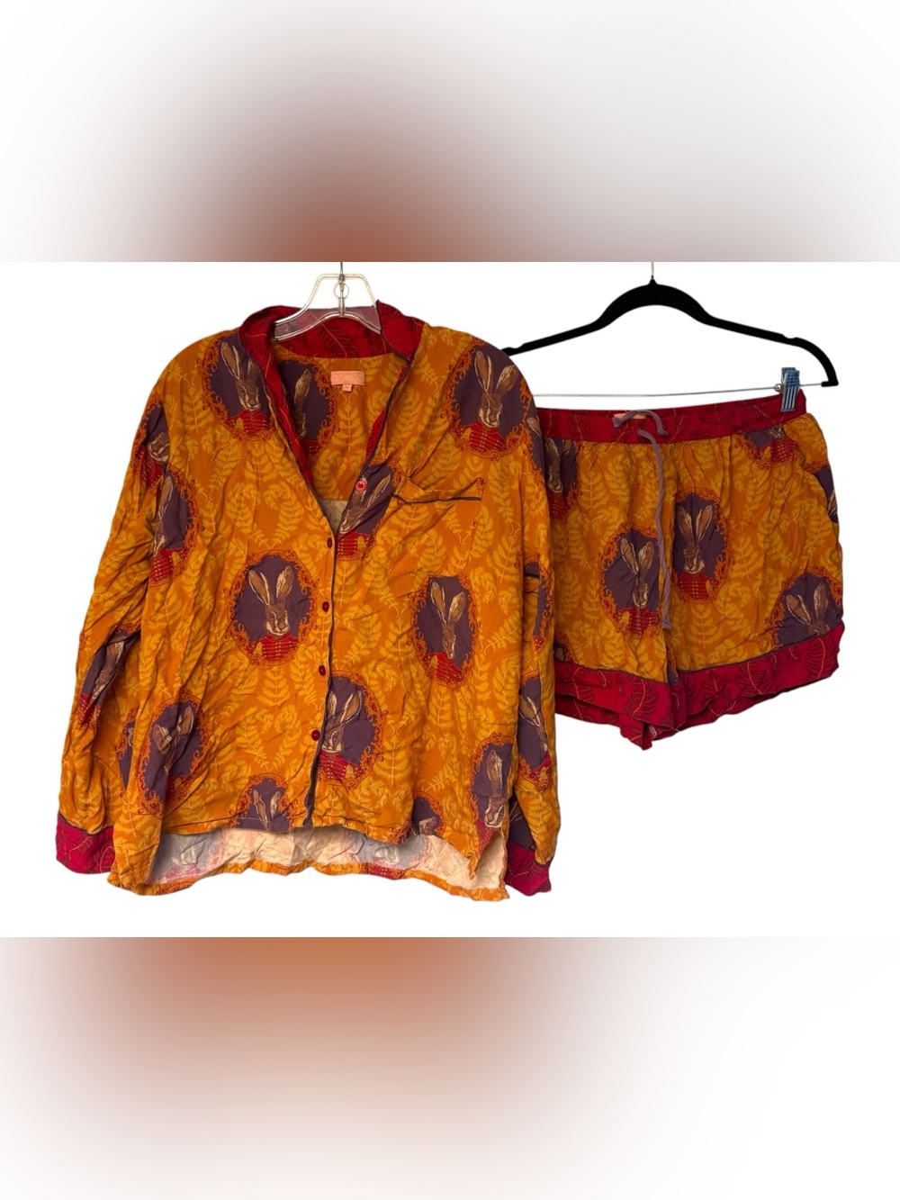 Powder Rabbit Print Pajama Set Medium Button Top Shorts Lounge Set